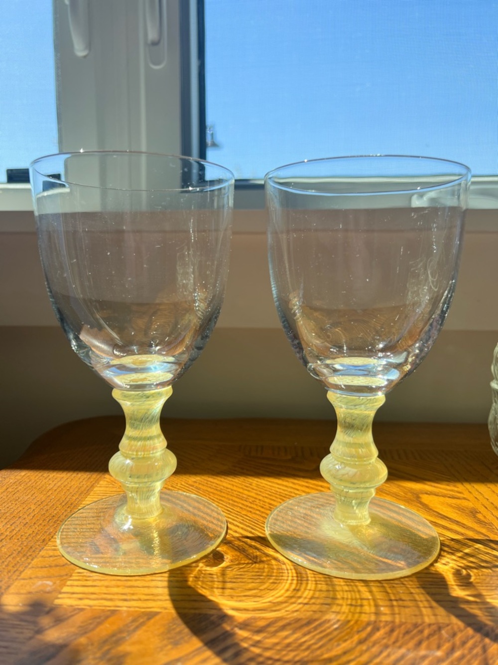 Vintage handblown wine Glass Goblets with Pale Yellow Stems - Set of 2